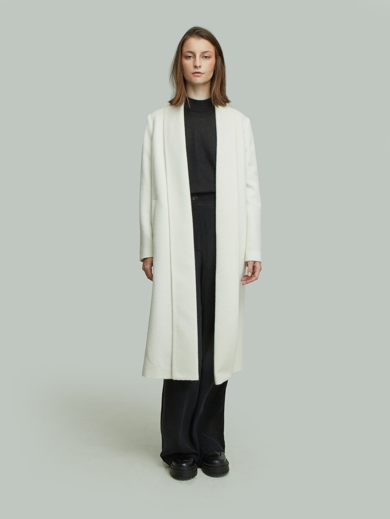 Long Swing Coat Baby Alpaca Color Ecru