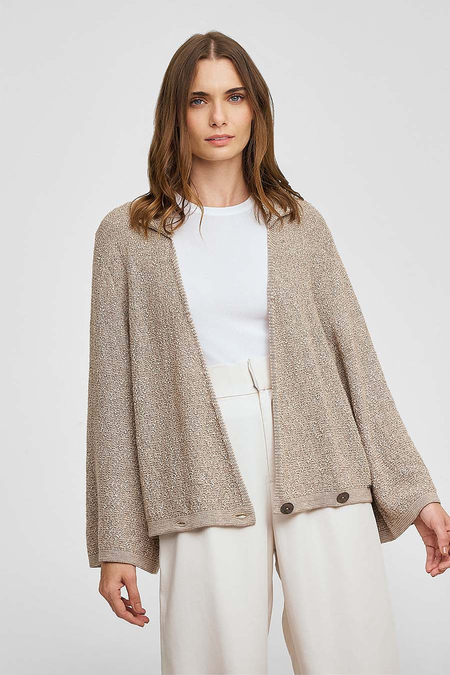 Cárdigan tejido de algodón y baby alpaca color beige