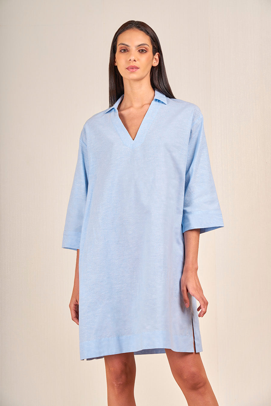 Vietnam Dress Linen & Cotton Color Light Blue