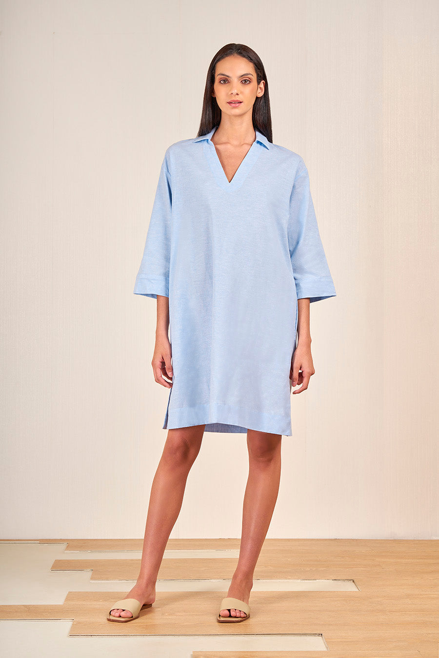 Vietnam Dress Linen & Cotton Color Light Blue